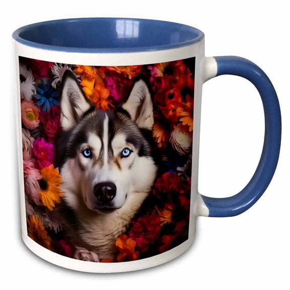 3drose, Siberian Husky with Floral Background, 15oz Two-tone Blue Mug
