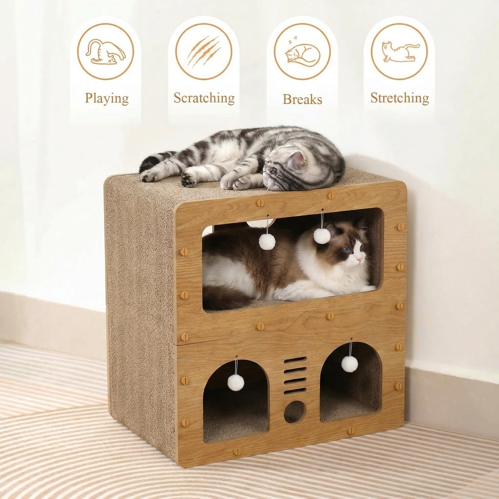 LCOKEIY  Natural Wood Wooden Cat Tree Tower, for Cats up to 20 lbs