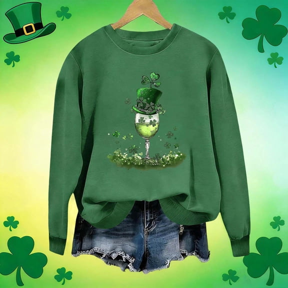 St. Patrick's Day Sweatshirt for Women LOVE Graphic Four Leaf Clover Print Crewneck Long Sleeve Ribbed Cuffs Festive Holiday Relaxed Fit Pullover