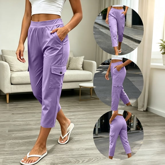 Women Full Length Capris Pants Baeitkot Women Solid Color with Elastic Waist Casual Clothes Pockets Full Length Capris Pants Purple M