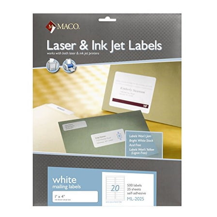 MACO Laser/Inkjet White Address Labels, 1" x 4", 20 per Sheet, 500 per Pack