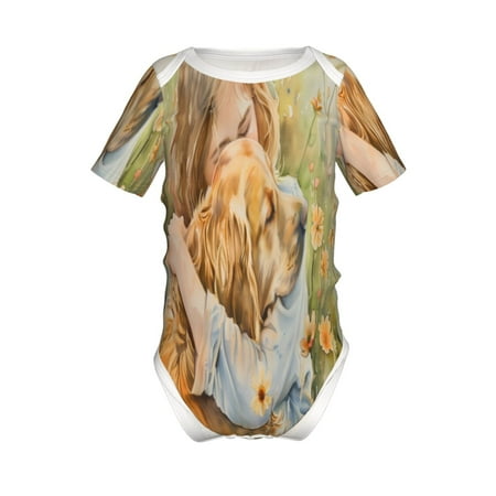 

Coaee Girl Hugging Dog Flowers for Soft Baby Short-Sleeve Bodysuit Baby Climbing Clothes Baby Girls Boys Bodysuit Romper-2 Years