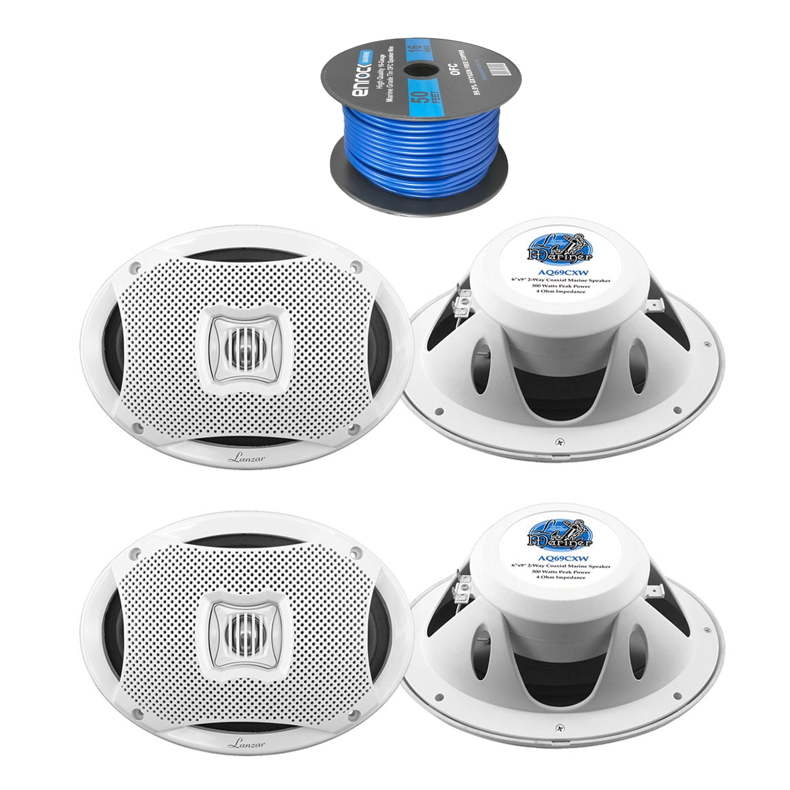 4x Lanzar AQ69CXW 6x9 Marine Water Resistant 2 Way 500 Watt White Speakers,Enrock 16 Gauge 50Ft