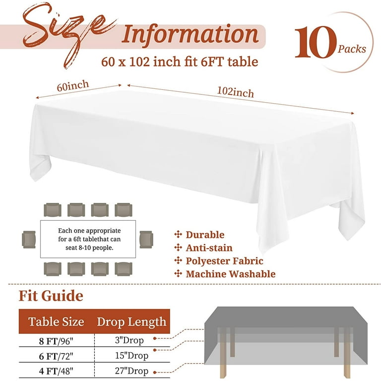 10 Pack White Polyester Tablecloth 54x108 Inch for 6ft Table