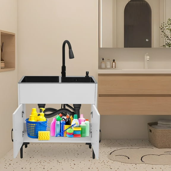 Laundry Sink Laundry Sink with Pull-Out Faucet Black White Sink with Cabinet for Homes, Restaurants