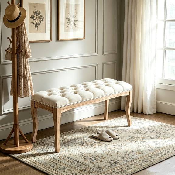 AUU French Vintage Tufted 43.3-Inch Entryway Bench – Carved Wood Legs, Linen Upholstered Ottoman Seat for Bedroom, Living Room, or Dining Room