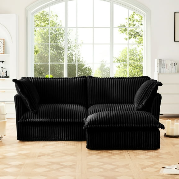 2 Seater With Convertible , Detachable Cover, Black Corduroy, Deep Seat Slipcovered Sectional ,