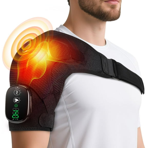 BAISEMAIN Cordless Heated Shoulder Massager with 3-Speed Vibration & Adjustable Heat,Rechargeable Shoulder Heating Pad for Men and Women,Digital Display,Ideal Gift for Pain Relief and Relaxation