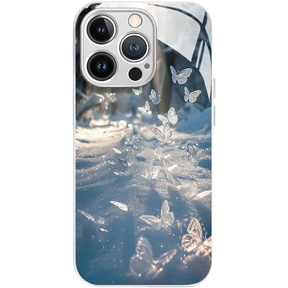 Designed for iPhone Case,Luxury Tempered Glass Water Ripple Butterfly Pattern Camera Lens Protection Shockproof Protective Cover Phone Case (White,iPhone 11 Pro Max)
