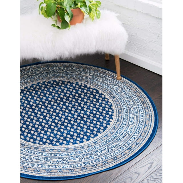 Unique Loom Williamsburg Collection Frontière Traditionnelle avec Tapis de Zone Centrale Pointillée, Rond 5' 1" x 5' 1", Bleu Marine/gris