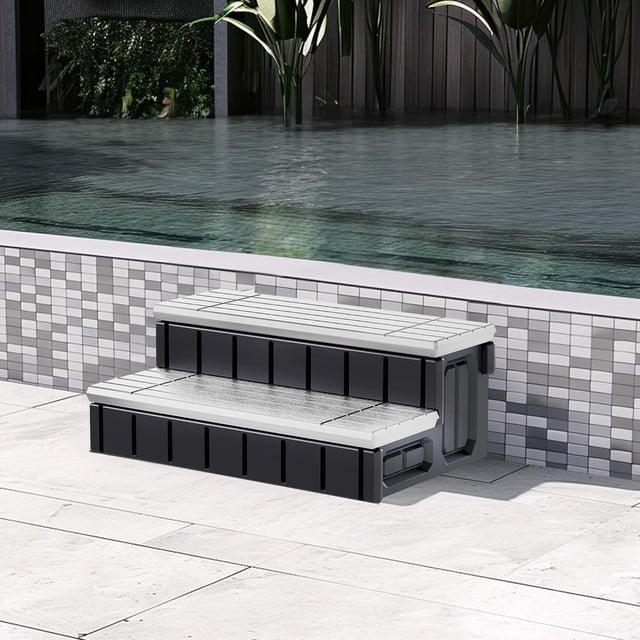 Universal Spa Hot Tub Step with Storage Outdoor Indoor Compartment Spa 2-Step Stool Pool Ladder Handi Step Slip Resistant Striped Light Gray+Black