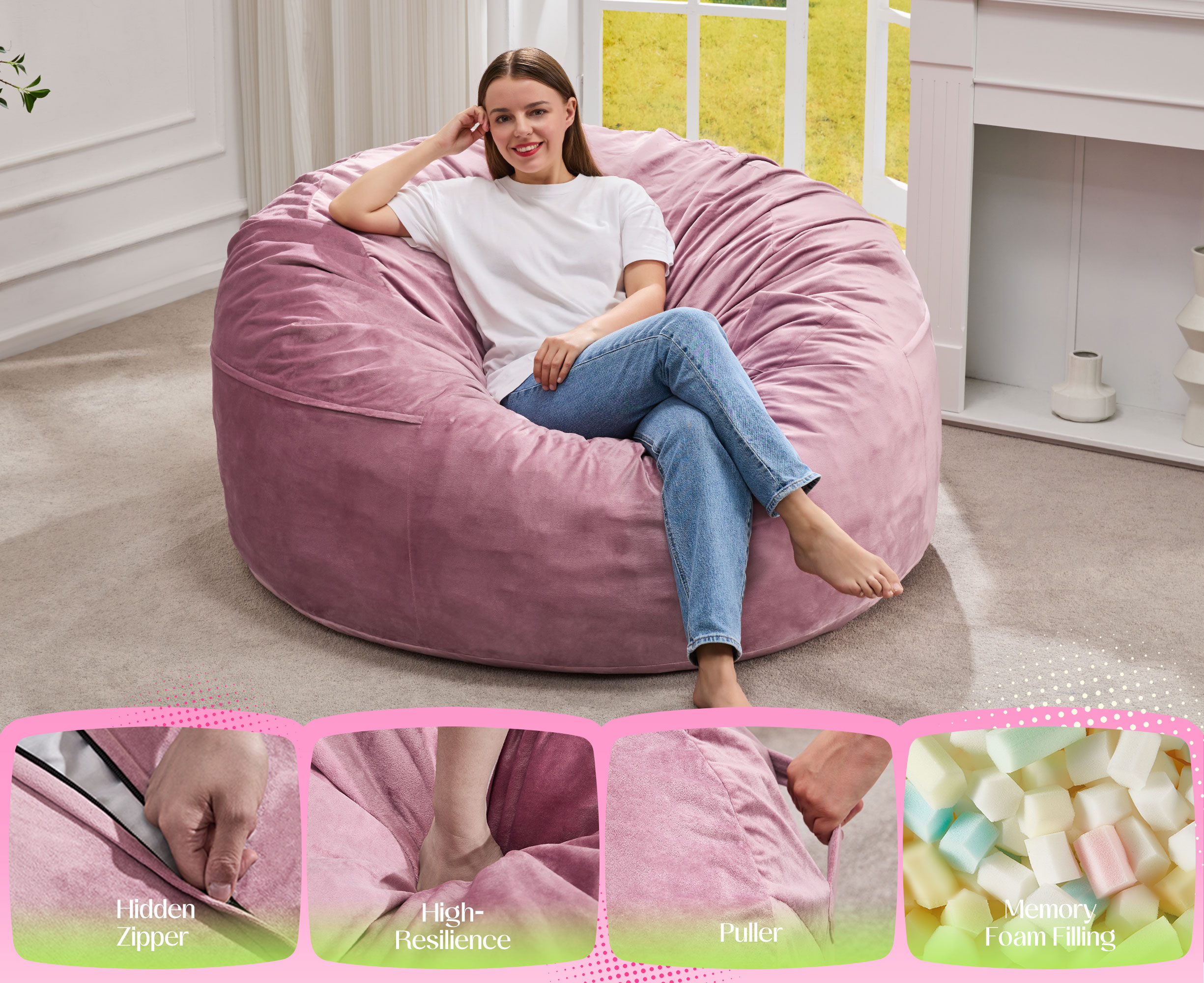 Hobestluk Bean Bag Chair 3 in 1 Beanbag Chairs for Adults, Large Bean Bags with Removable Velvet Cover, Convertible Adult Bean Bag Chair for Living Room, Bedroom, Playroom (Pink, Queen)