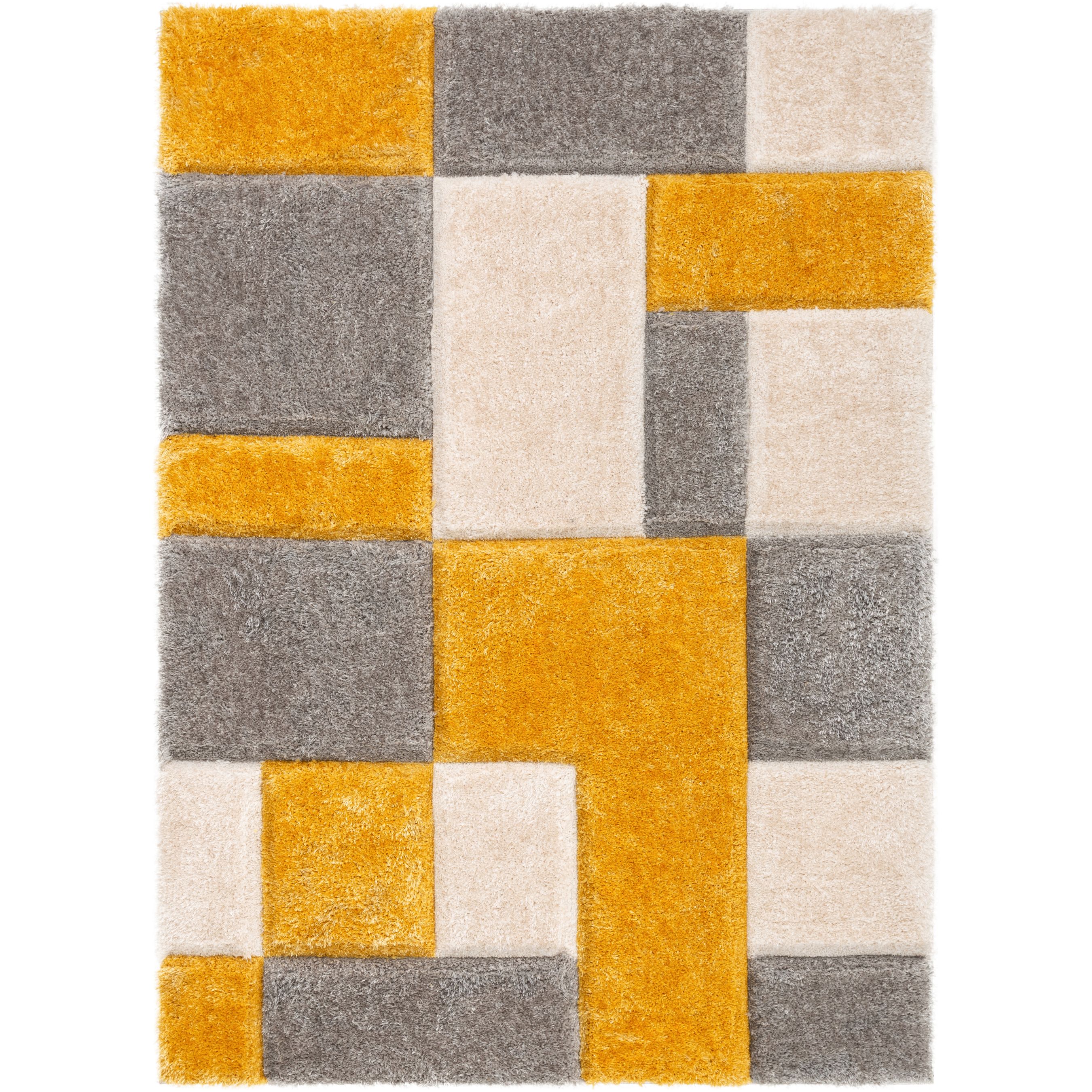 Well Woven Ella Yellow Geometric Boxes Thick Soft Plush 3D Textured