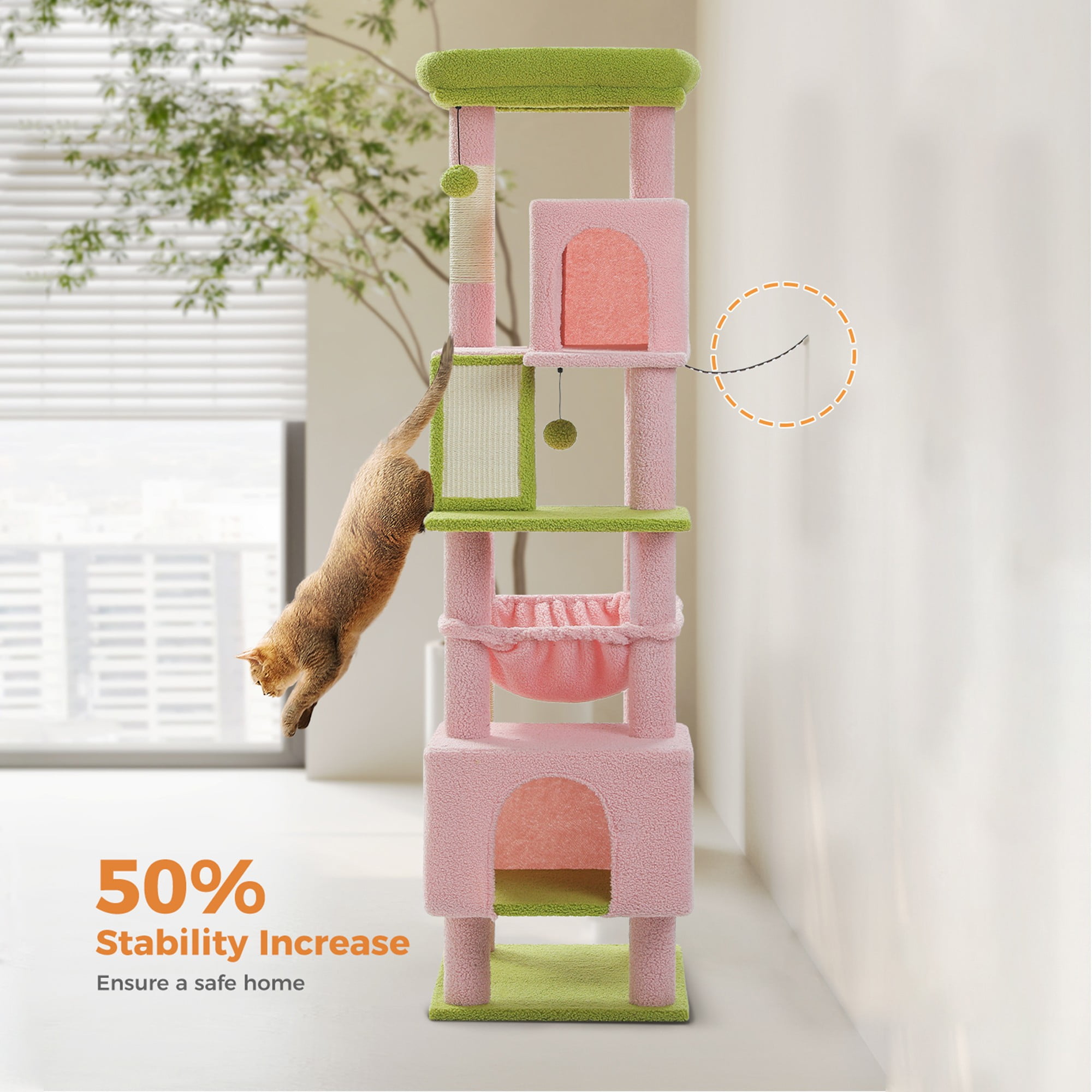 Kadyn 71" Large Cat Tree Tower for Indoor Cats, Multi-Level Cat Tree House with Padded Perches, Scratcher, Hammock, 2 Cozy Cat Condos and Scratching Posts, Pink