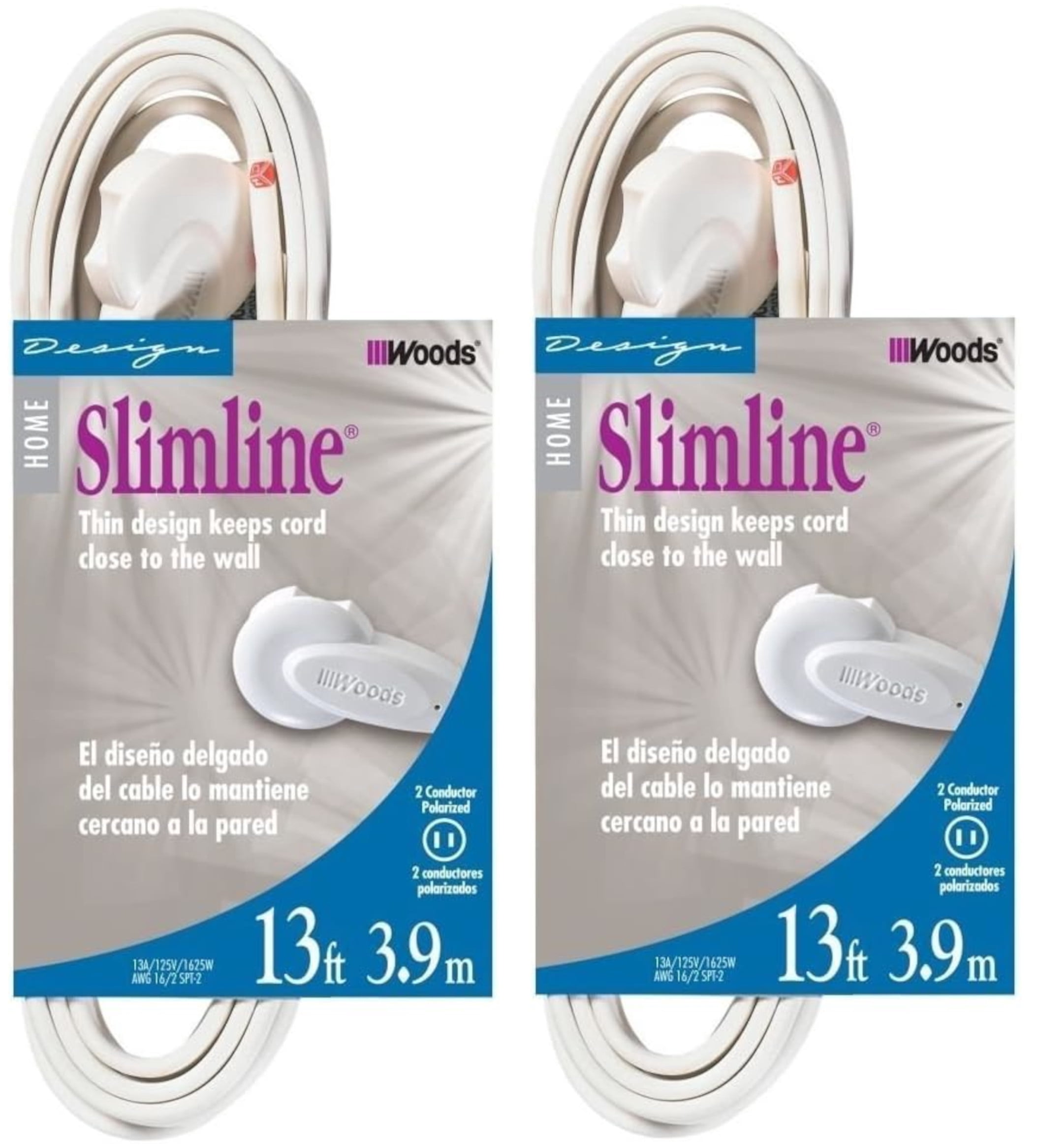 2-pack - SlimLine 2237 Flat Plug Extension Cord, 2-Wire, 13-Foot, White