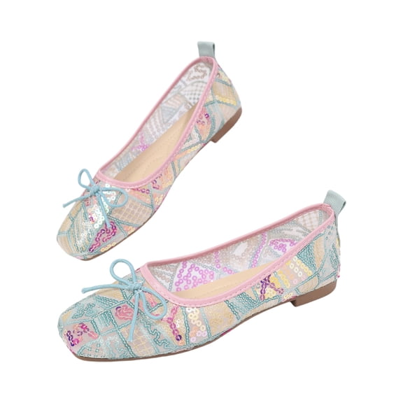 pwidon Women's Bow Ballet Flats Square Toe Slip On Breathable Mesh Sequin Patchwork Casual Walking Loafers Turquoise 5.5