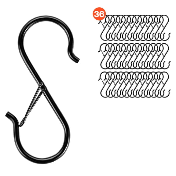 KFFKFF 36-Pack S Hooks with Safety Buckle, 39.68 lbs Capacity, Fits Bars up to 0.85 Inch, Heavy-Duty Metal Hangers for Plants, Clothes, and More in Garden, Closet, Kitchen, Bedroom, Black