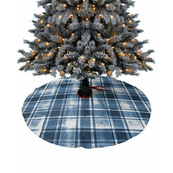 Blue Checkered Christmas Tree Skirt 36 Inches Large Christmas Skirt Tree, Vintage Watercolor Blue Plaid Tree Skirt Christmas Decorations for Fireplace Party Holidays Indoor Outdoor
