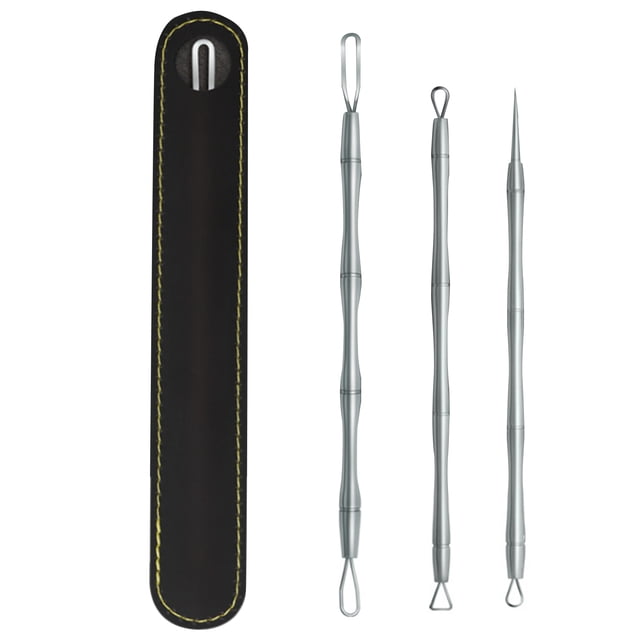 Graflsoa Ensemble de 3 Pcs en Acier Inoxydable Premium pour Enlever les Points Noirs avec Poignée en Bambou, Choix de Couleurs avec Pochette de Rangement Durable