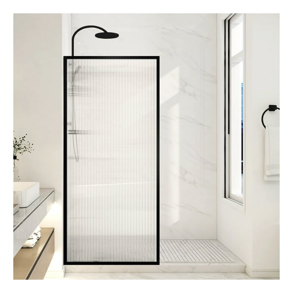 Welle 74 in. x 34 in. Framed Fixed Shower Screen Door in Matte Black with 5/16" (8mm) Tempered Fluted Glass