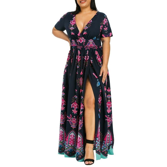 NGTEVOOS Women Summer Plus Size Butterfly Printed V-Neck Short Sleeve Casual Long Dress