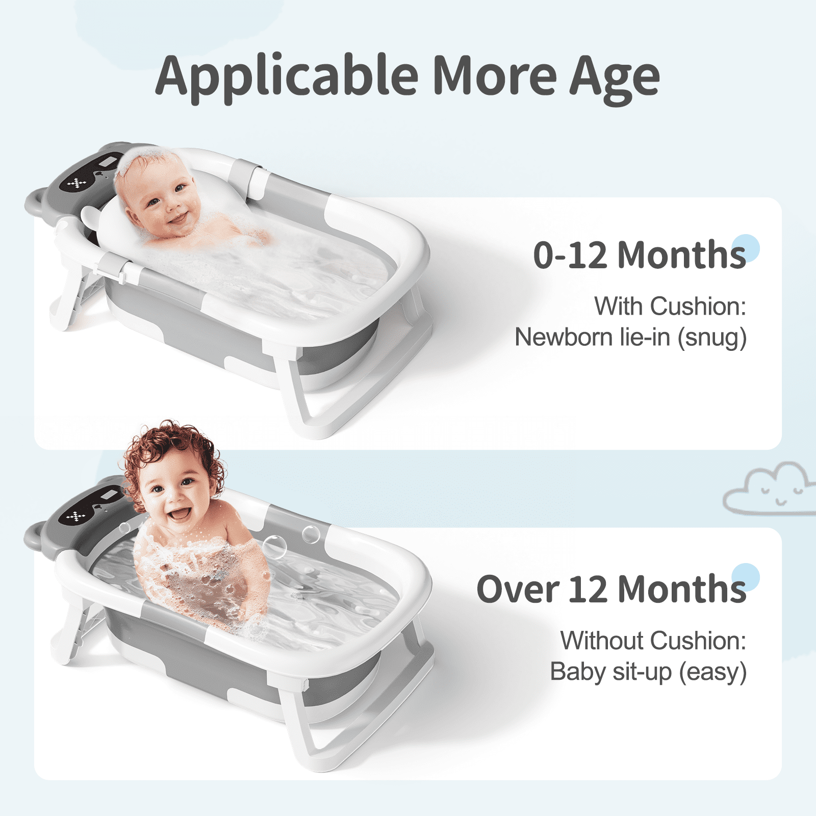 COOSEYA Bear Collapsible Baby Bathtub for Infants, Bath Tub with Cushion and Thermometer, for Newborn to Toddler Portable Travel Multifunctional Bathing 0-2 years (Gray)