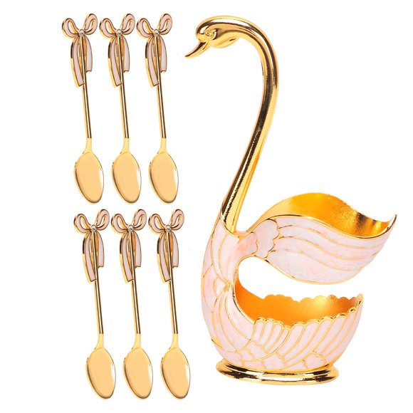 Juegos de vajilla, cucharas de postre, café y fruta, vajilla para el hogar con soporte de cisne decorativo (cuchara blanca dorada)