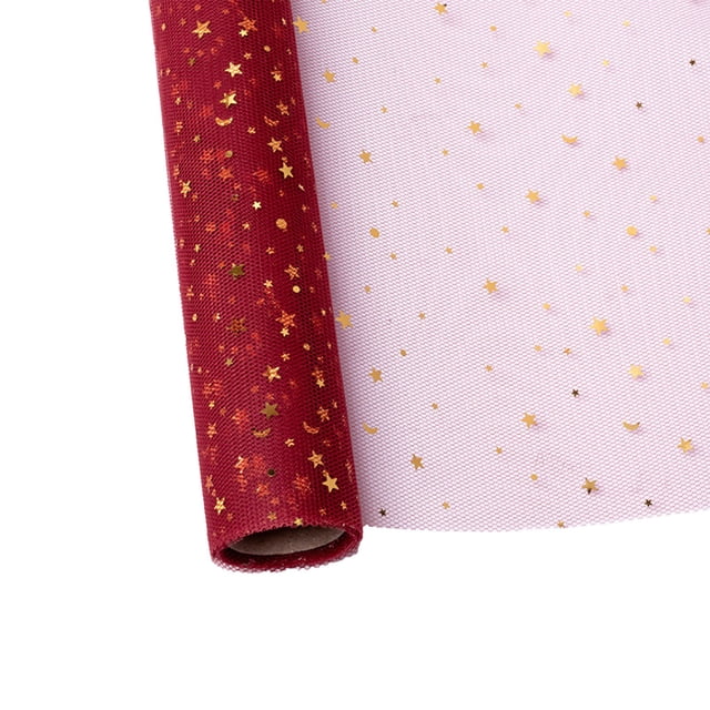 Red Red Star And Moon Pattern Mesh Fabric Roll For Flower Arrangement Gift Packaging And Holiday Decoration 18.9 Inches Wide