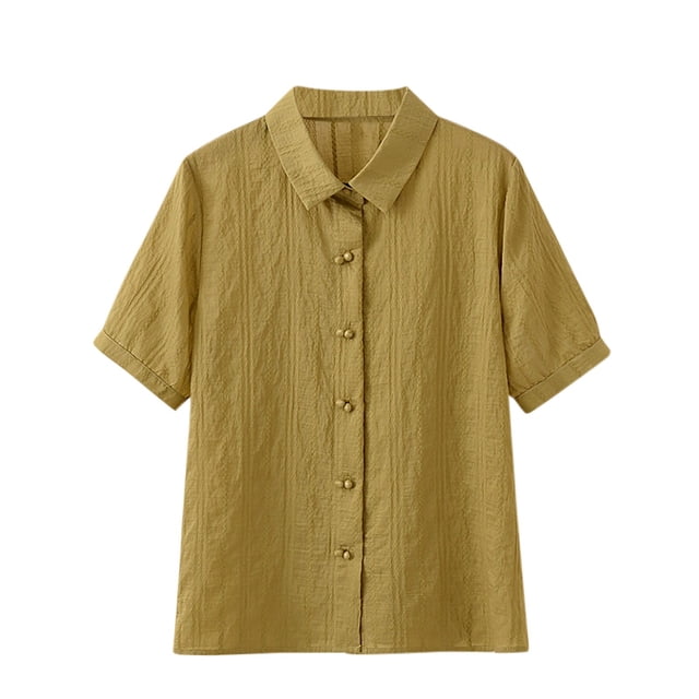 Timegard Womens Plus Size Tops Lapel V-Neck Button Short Sleeve Shirts Summer Casual Loose Tops Blouse