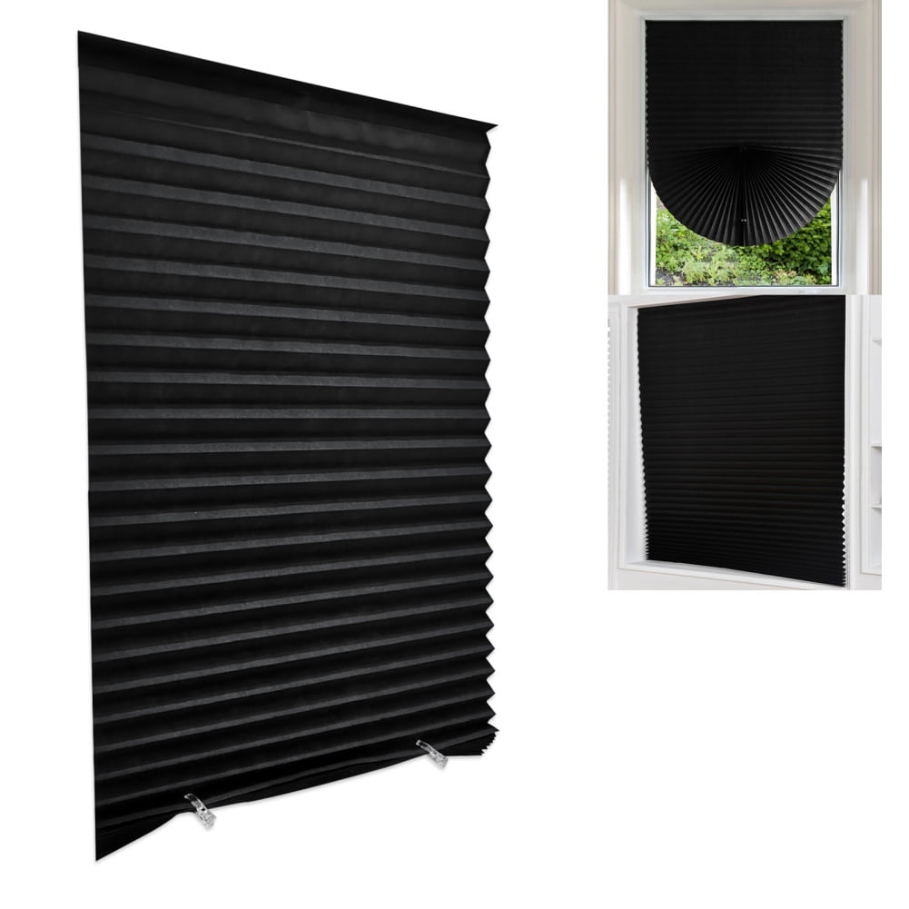 2 Pack Temporary Blackout Paper Shades for Windows,Paper Pleated Blinds with Adhesive,No Tools No Drilling Free Cut Size Paper Room Darkening Shades(Black, 24" W x 72" L)