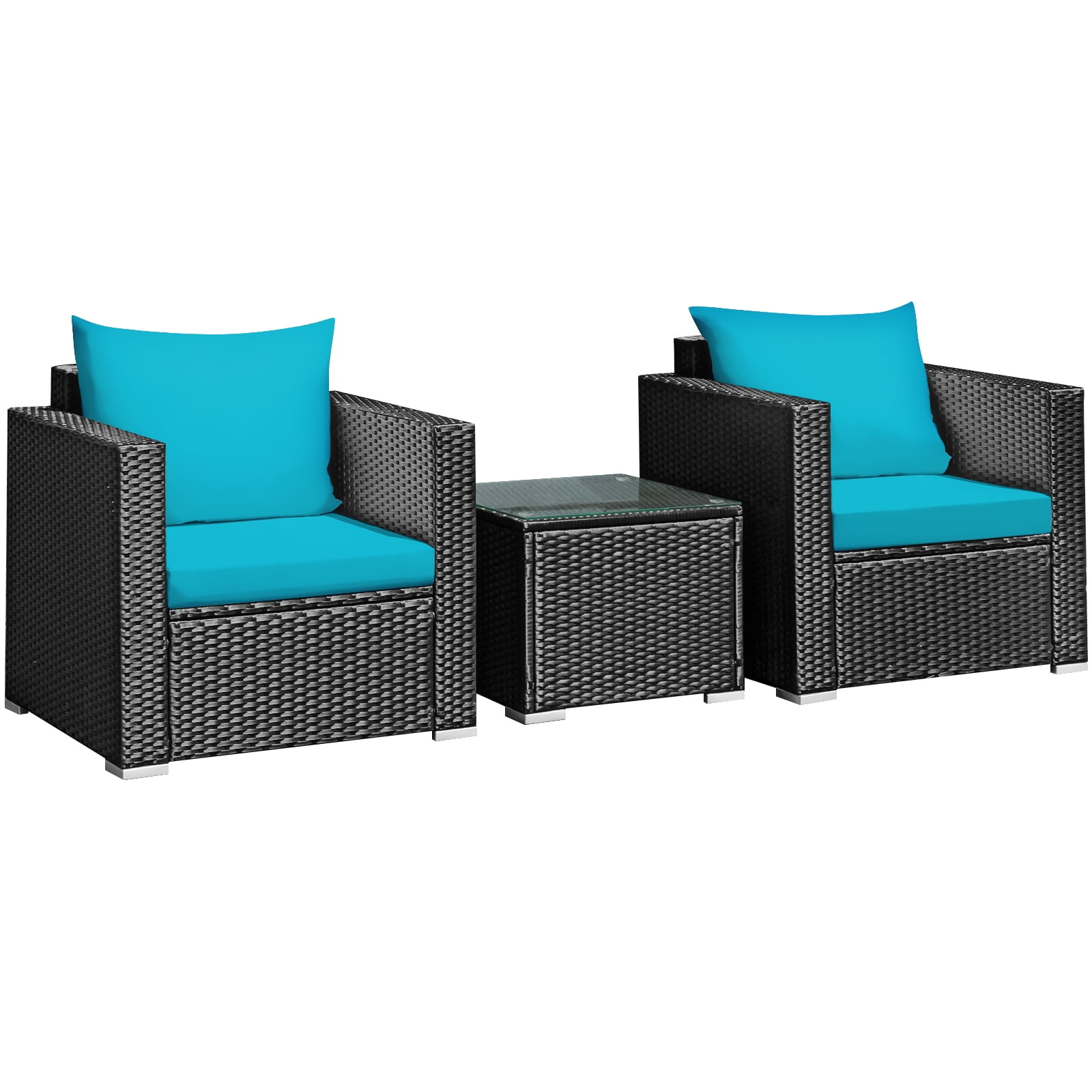 Patiojoy 3PCS Patio Rattan Furniture Conversation Set with 2 Cushioned Sofas & Coffee Table for Outdoor Turquoise