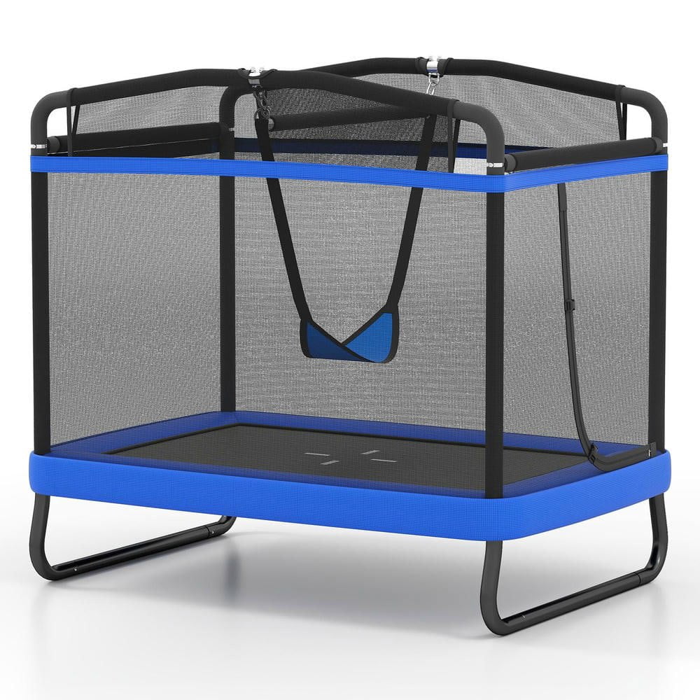 Resenkos 6 FT Kids Rectangle Trampoline with Swing & Horizontal Bar - Compact Indoor Outdoor Play Equipment - Blue
