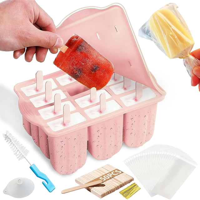 Moldes para Paletas de Hielo de 100 ml, 12 Cavidades Moldes de Silicona para Paletas, Reutilizable y Seguros para Alimentos, Sin BPA, para Niños y Familias, con Cepillo y Embudo, 100 Piezas Palos.