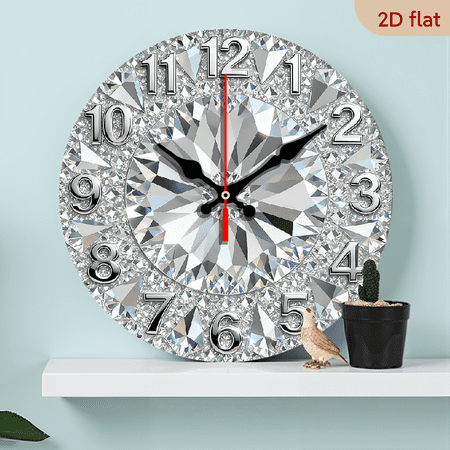 2D Flat 1pc 10Inch Wooden 1pc Diamond Crystal Wall Clock with Sparkling Crystal Bezel Silent Quartz Movement - 10Inch Luxury Round Clock for, Office, Bedroom - Crystal, Diamond Frame (No Included)