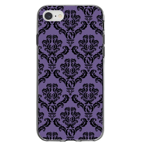 DistinctInk Clear Shockproof Hybrid Case for iPhone 7 8 SE (2020 Model) 4.7" Screen TPU Bumper Acrylic Back Tempered Glass Screen Protector - Purple Black Damask Floral - Floral Damask Pattern