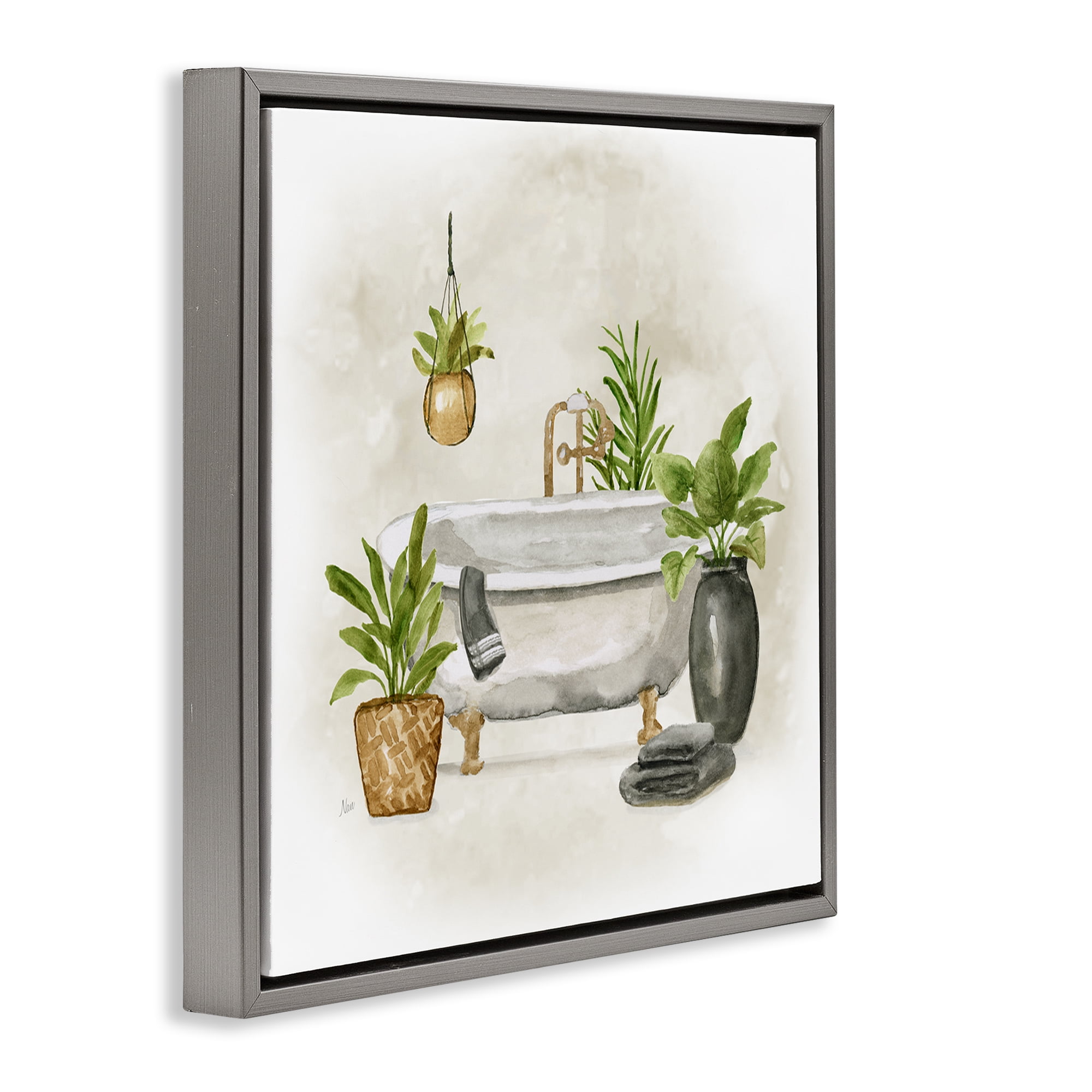 Stupell Industries Bathroom with Plants Bath & Laundry Painting Gray Floater Framed Canvas Art Print Wall Art, 25 x 25