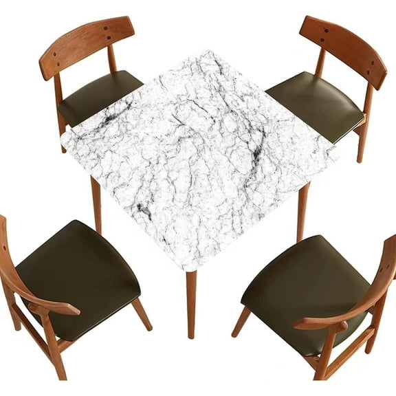 Marble Square Fitted Tablecloth, Washable Polyester Table Covers, Fits 36x36 inch Table, Black and White Texture Elastic Edge Decor Table Cloth, for Holiday Party Banquet Dinner