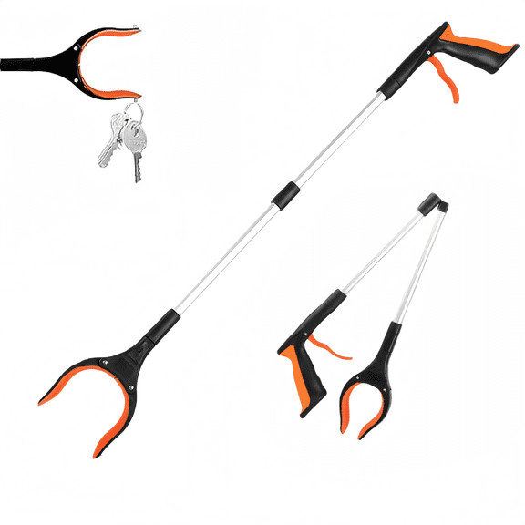 32" Foldable Aluminum Reacher Grabber Tool for Elderly Seniors, Lightweight Daily Long Trash Claw with 360° Rotating Jaw, Mobility Aid (Orange)
