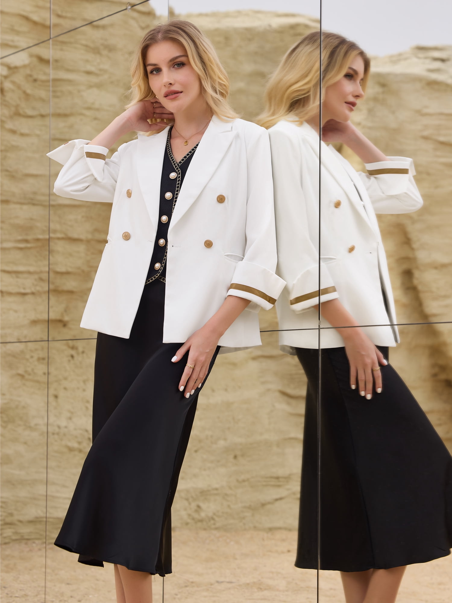 DARING DIVA Women's Blazer Double Breasted 3/4 Sleeve Office Suit Jacket M White