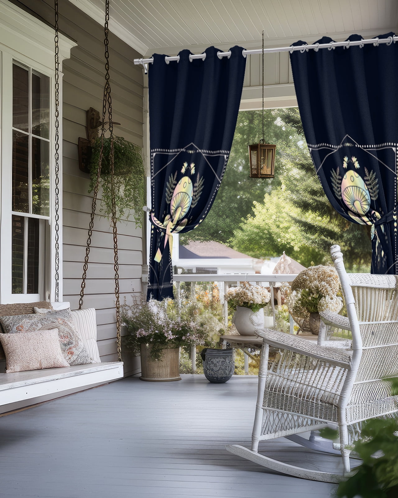 Outdoor Curtains for Patio, Cream Ombre Mushroom Waterproof Blackout Outside Curtain for Porch/Pergola/Gazebo, Botanical Black Geometric Thermal Insulated Drapes for Cabana, 1 Panel, 54 x 108 Inch