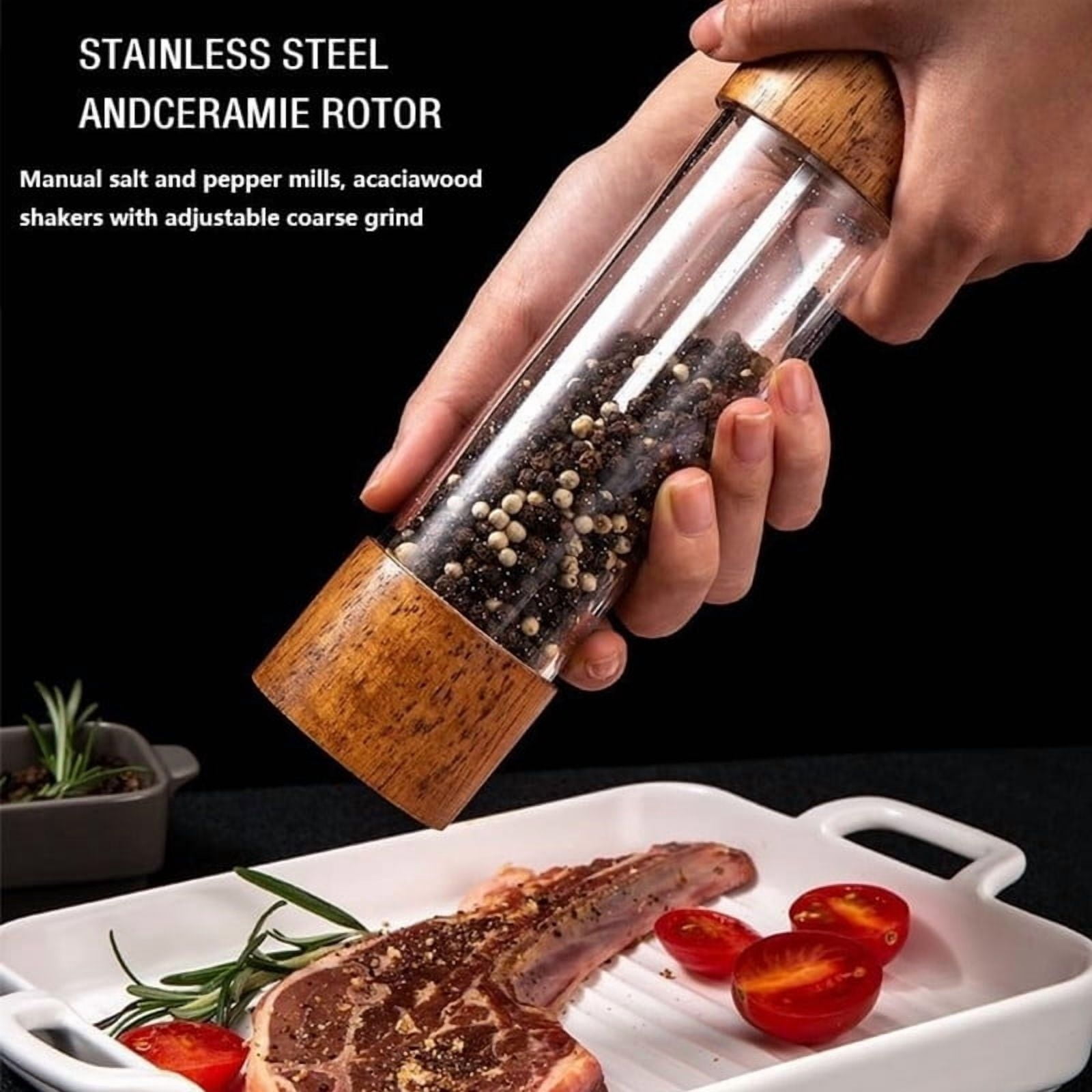 Salt and Pepper Grinder Set, 2 Pack 8 Inches Manual Acrylic Mills, Refillable Salt Shaker and Pepper Mill for Kitchen, Wooden Design