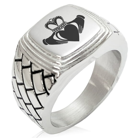 Tioneer Stainless Steel Celtic Claddagh Unity Geometric Pattern Step-Down Biker Style Polished Ring