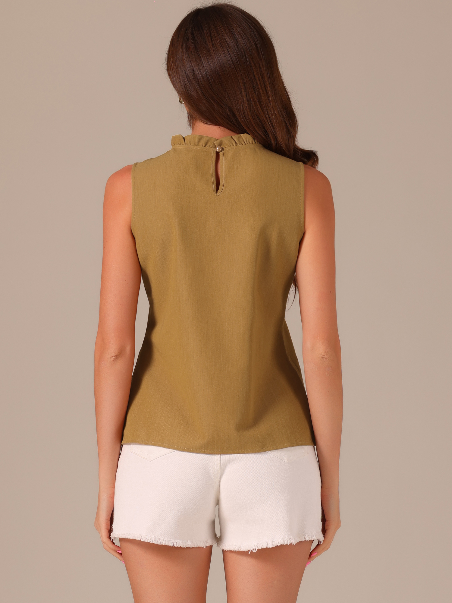 DARING DIVA Mock Neck Ruffle Sleeveless Casual Blouse Top S Light Brown