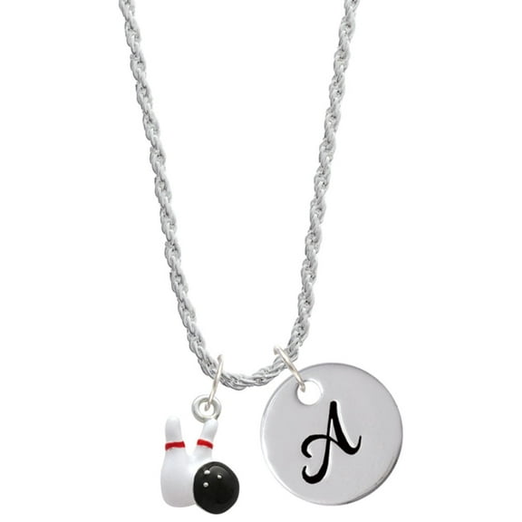 Delight Jewelry Silvertone Bowling Pins with Bowling Ball Silvertone Script Initial Disc - A - Charm Necklace, 20" 3"