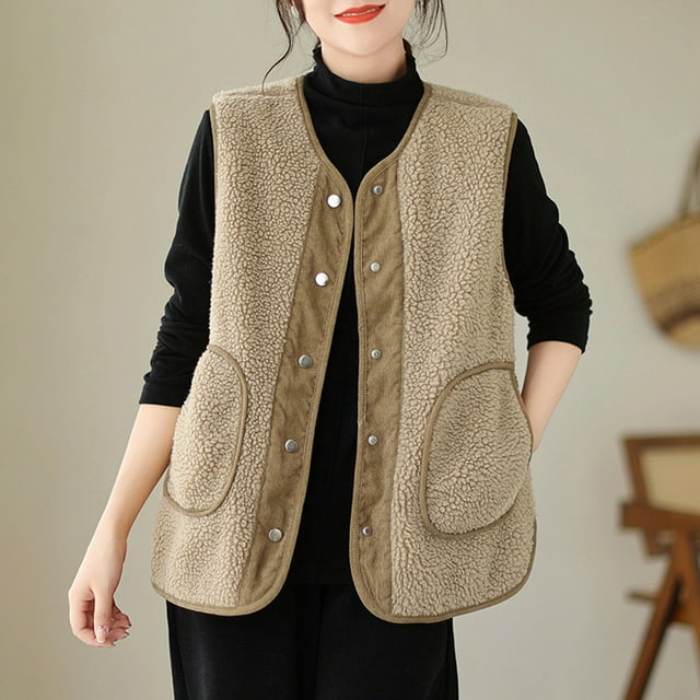 EGNMCR Veste Sans Manches Décontractée & Manteaux Femme Ample en Velours Côtelé Double Face