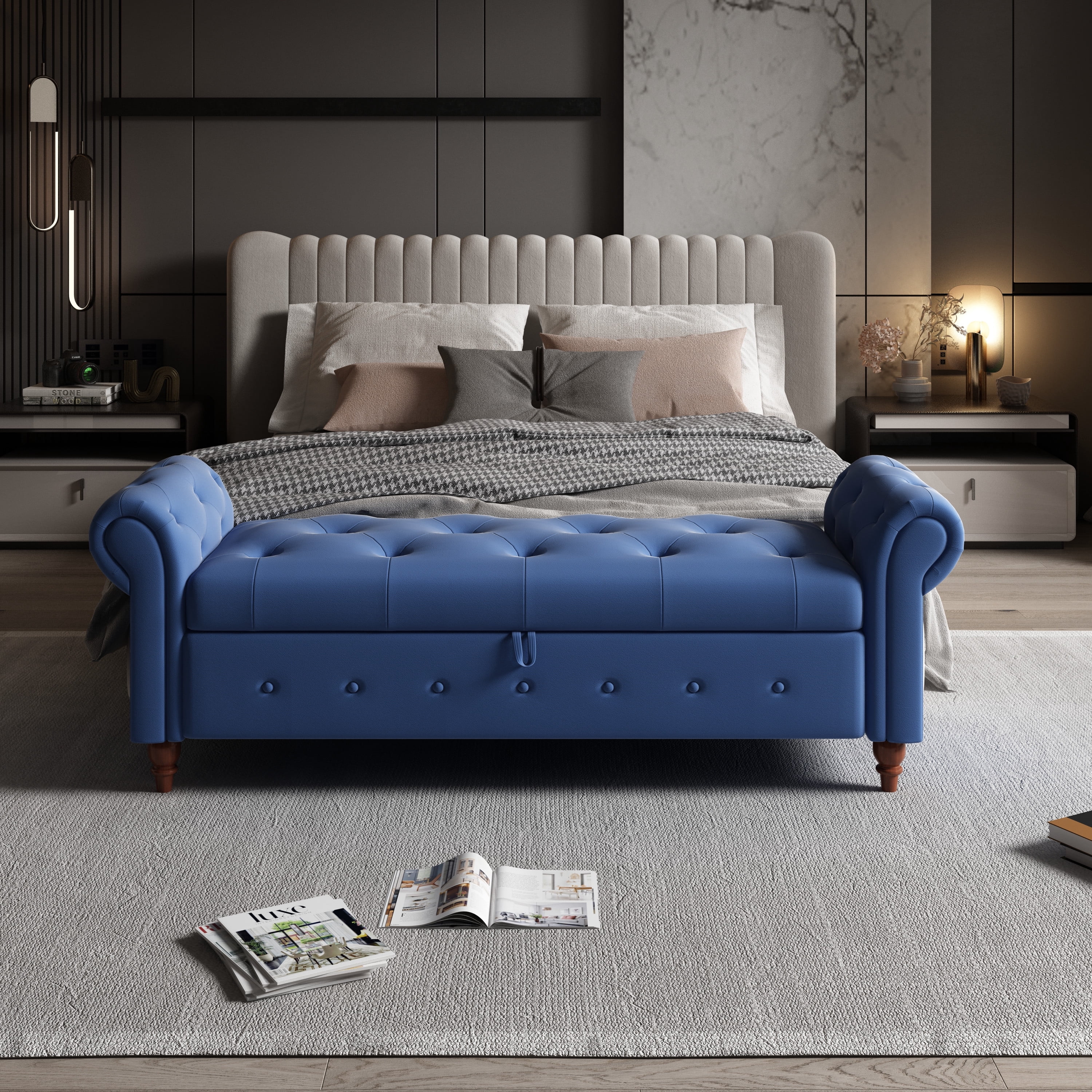 Miniyam 63" Storage Ottoman Bench with Rolled Arms, Button Tufted End of Bed Bench for Bedroom, Blue