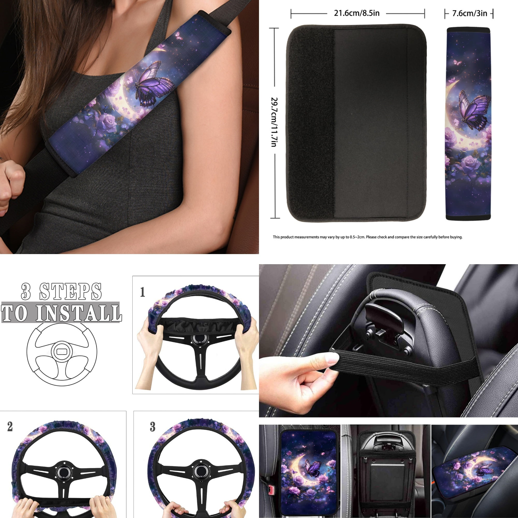Jeiento Butterfly Car Seat Cover Full Set for Women Men, 17 Pack Car Seat Covers Floor Mats Moon Flower Steering Wheel Cover Seatbelt Cover Armrest Cover Automobile Accessories, Purple