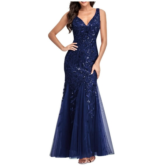 Long Ball Gowns for Women Sparkly Formal Chiffon Sequin Dress V Neck Prom Maxi Dress Bodycon Mermaid Evening Gowns
