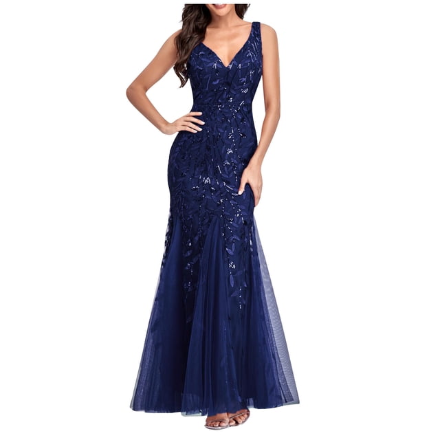 QIPOPIQ Robe Formelle pour Femme Paillettes Double Col en V Sans Manches Sirène Longue Robe de Soirée Été Liquidation