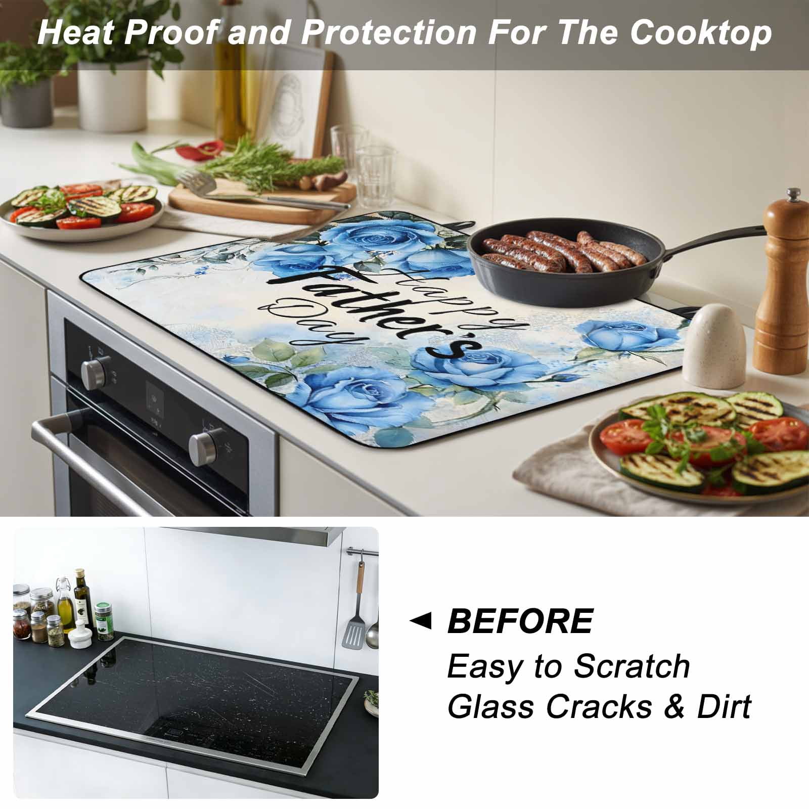 Happy Father's Day Stove Top Cover for Electric Stove, Heat-proof & Non Slip Glass Top Stove Cover Protector, Blue Spring Garden Floral Kitchen Flat Cooktop Rubber Mat 24x21 Inches